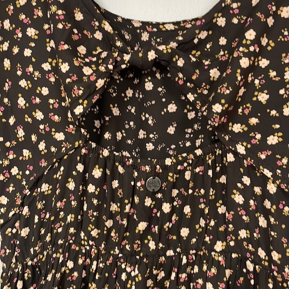 Billabong Brown Tiny Floral Print Dress, M,  Cutout back, elastic waist, Rayon - Picture 6 of 9